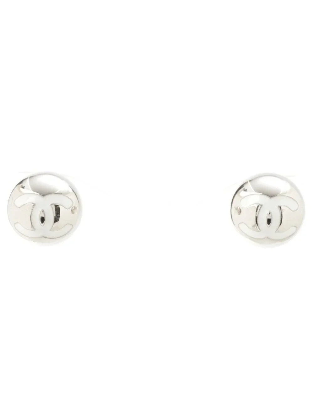 Chanel 25c CC Logo Ball Earrings Silver White